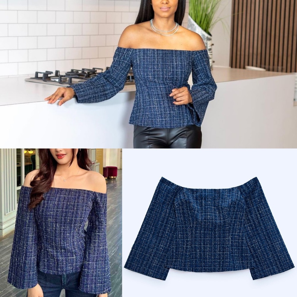 Zara NWT tweed off the shoulder peplum top - blue & black textured blouse